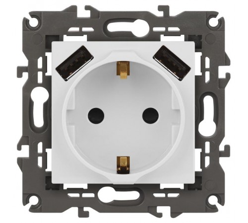 14-4109-01 Розетка без заземления+E 16A-250В, штор. с 2xUSB 5В-3А, Elegance, белый (10/100/2000)  Б0047867  ЭРА