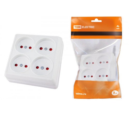 Розетка четырехместная 2П открытой установки IP20 10A с защитными шторками белая "Ладога"  SQ1801-0121  TDM