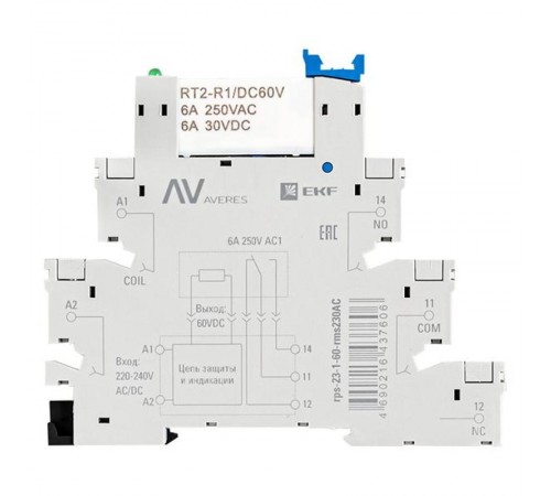 Реле промежуточное с розеткой в сборе РП slim 23/1 6A 230В AC  rps-23-1-60-rms230AC  EKF