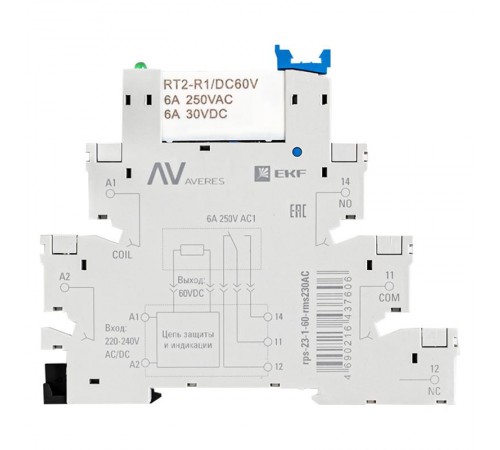 Реле промежуточное с розеткой в сборе РП slim 23/1 6A 230В AC  rps-23-1-60-rms230AC  EKF