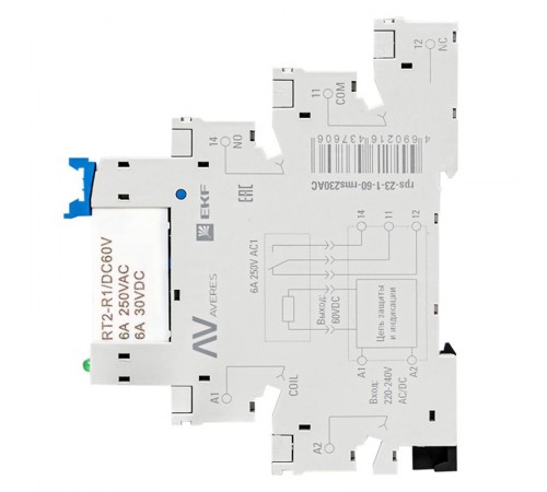 Реле промежуточное с розеткой в сборе РП slim 23/1 6A 230В AC  rps-23-1-60-rms230AC  EKF