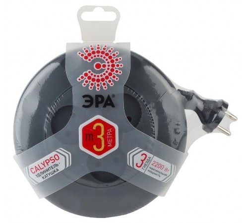 Удлинитель UR-3-3m-B   (черный) рулетка, без заземл, 2x0.75мм2, 3гн, 3м (10/600) Б0019039  ЭРА