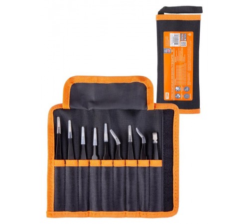 Набор пинцетов для электроники, 9 предметов, нерж., антистатич. покр., тканевый чехол, "Рубин"  SQ1025-0810  TDM