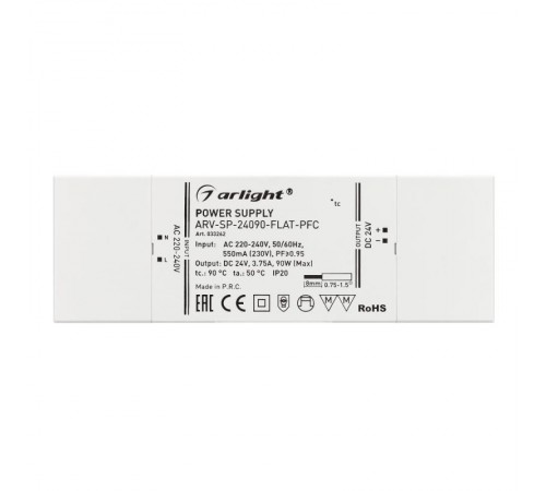 Блок питания ARV-SP-24090-FLAT-PFC (24V, 3.75A, 90W) (Arlight, IP20 Пластик, 5 лет)  033262  Arlight