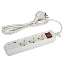 Удлинитель электрический  UB-3es-1,5m-USB c заземлением с выключателем 3 розетки + 1xUSBA+1xUSBC 1,5м 10А   Б0052897  ЭРА