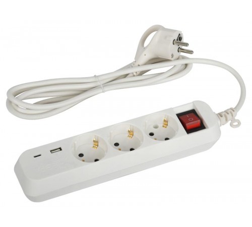 Удлинитель электрический  UB-3es-1,5m-USB c заземлением с выключателем 3 розетки + 1xUSBA+1xUSBC 1,5м 10А   Б0052897  ЭРА