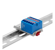 Блок распределительный с верт. адапт. на рейки шириной 15/35мм, зажим push-in, 12 точки подкл. 2,5 кв.мм, синий  DTP1-012-04SPUB-V  DKC