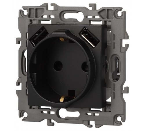 14-4109-05 Розетка без заземления+E 16A-250В, штор. с 2xUSB 5В-3А, Elegance, антрацит (10/100/2000)  Б0047871  ЭРА