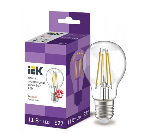 Лампа светодиодная A60 груша прозрачная 11Вт 230В 3000К E27 серия 360°  LLF-A60-11-230-30-E27-CL  IEK