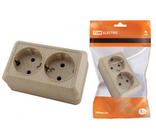 Розетка двойная 2П+З открытой установки IP20 16А, сосна "Ладога"   SQ1801-0052  TDM