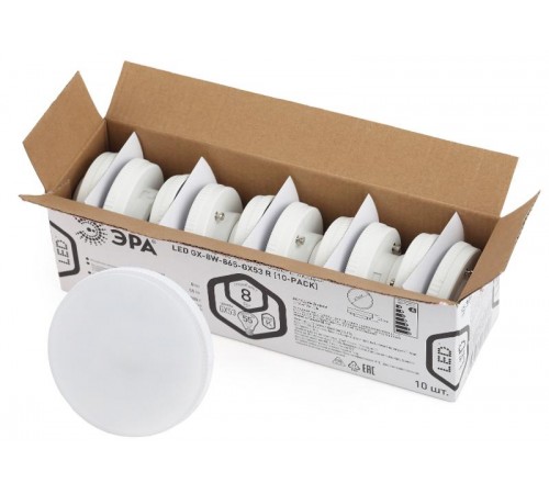 Лампа светодиодная RED LINE LED GX-8W-865-GX53 R (10-PACK) GX53 8Вт таблетка холодный дневной свет  Б0045332  ЭРА