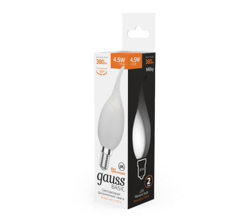 Лампа светодиодная   Basic Filament Свеча на ветру 4,5W 380lm 2700К Е14 milky  LED 1/10/50  1045115  Gauss