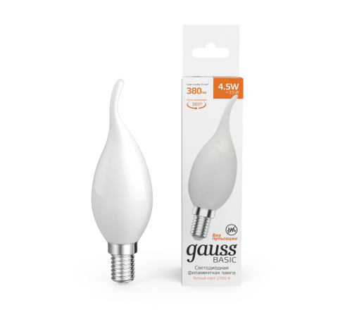 Лампа светодиодная   Basic Filament Свеча на ветру 4,5W 380lm 2700К Е14 milky  LED 1/10/50  1045115  Gauss