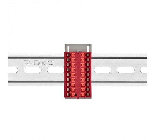 Блок распределительный с верт. адаптером на рейки  15/35мм, зажим push-in, 18  подкл. 2,5 кв.мм, красный  DTP1-018-04SPUR-V  DKC