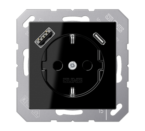 Розетка SCHUKO® с USB-зарядным устройством, тип A + тип С; термопласт; черный  A1520-15CASW  Jung