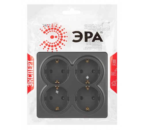 Розетка ЭРА Эксперт 11-2211-05 четырехместная с заземлением 4х2P+E Schuko со шторками, IP20, 16A-250В, ОУ, Антрацит  Б0063004  ЭРА
