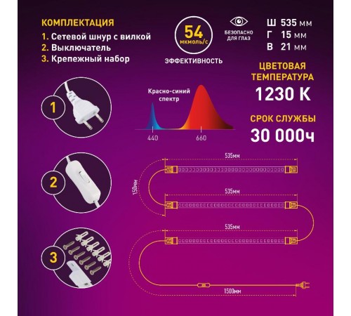 Светильник светодиодный для растений FITO-3х10W-LINE-RB90 (40)  Б0050924  ЭРА
