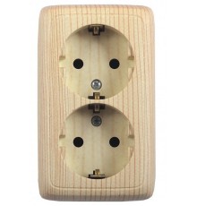 Розетка открытой установки, двухместная, с заземляющим контактом, со шторками, с монтажной пластиной, цвет сосна  РА16-156-02  HEGEL