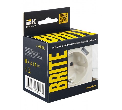 BRITE Розетка с заземлением со шторками 16А с USB A+A 3,1А РЮш10-2-БрЖ жемчужный  BR-R14-16-U21-D31-K36  IEK