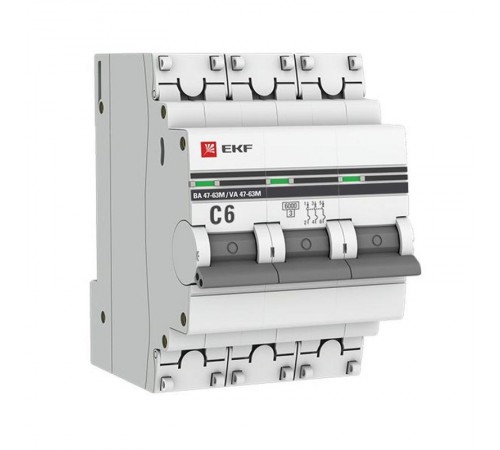 Выключатель автоматический трехполюсный 3P 6А (C) 6кА ВА 47-63M c электромагнитным расцепителем PROxima  mcb4763m-6-3-6C-pro  EKF (замена - M63MA636