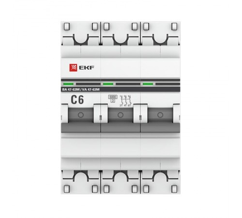 Выключатель автоматический трехполюсный 3P 6А (C) 6кА ВА 47-63M c электромагнитным расцепителем PROxima  mcb4763m-6-3-6C-pro  EKF (замена - M63MA636
