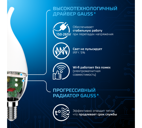 Лампа светодиодная Свеча на ветру 6.5W 550lm 6500K E14 LED 1/10/50  104101307  Gauss