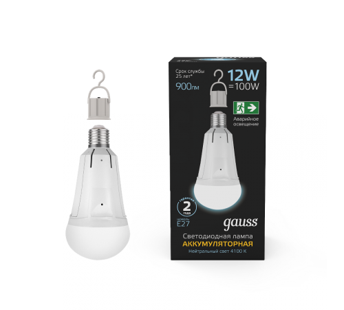 Лампа светодиодная A80 12W 900lm 4100K Е27 авар. с Li-Ion аккумулятором  102002212  Gauss