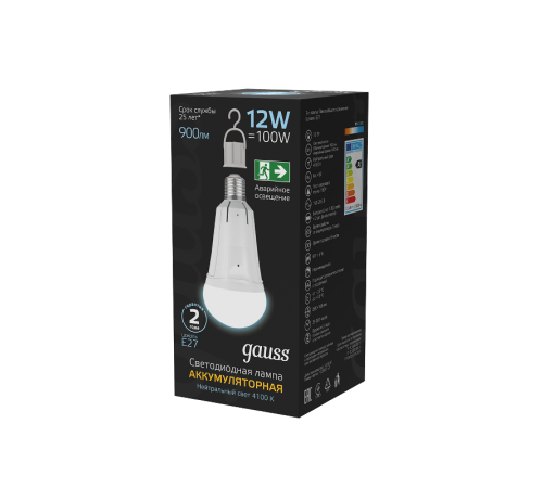 Лампа светодиодная A80 12W 900lm 4100K Е27 авар. с Li-Ion аккумулятором  102002212  Gauss