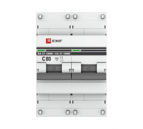 Выключатель автоматический двухполюсный 2P 80А (C) 10kA ВА 47-100M с электромагнитным расцепителем PROxima  mcb47100m-2-80C-pro  EKF