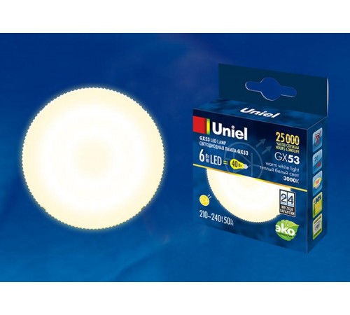 Лампа светодиодная LED-GX53-6W/WW/GX53/FR PLZ01WH LED, матовая. .  UL-00001670  Uniel