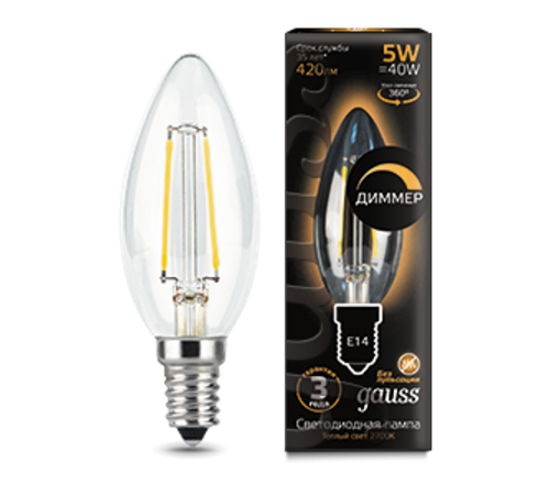 Лампа светодиодная LED 5Вт E14 220В 2700К свеча, диммируемая  103801105-D  Gauss