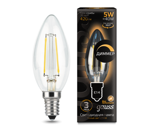 Лампа светодиодная LED 5Вт E14 220В 2700К свеча, диммируемая  103801105-D  Gauss