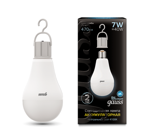 Лампа светодиодная LED A60 7W E27 470lm 4100K с Li-Ion аккумулятором 1/10/60  102402207  Gauss