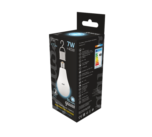 Лампа светодиодная LED A60 7W E27 470lm 4100K с Li-Ion аккумулятором 1/10/60  102402207  Gauss
