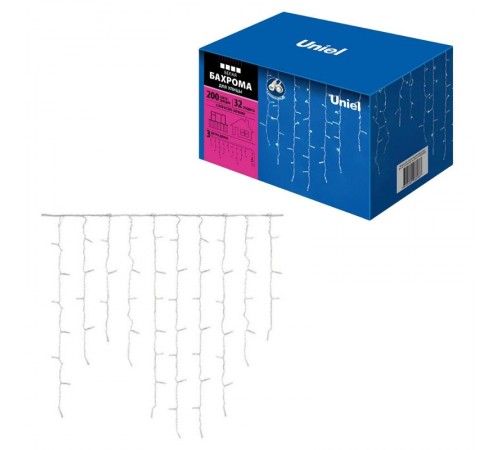 Бахрома с коннекторами светодиодная  с контроллером ULD-B3010-200/SWK WHITE IP67  3 м. 200 диодов, шнур белый, соед  UL-00001367  Uniel