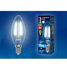 Лампа светодиодная LED-C35-6W/NW/E14/CL PLS02WH LED. "свеча", прозр. Серия Sky. 4000К  UL-00001373  Uniel