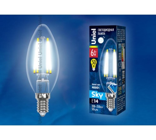 Лампа светодиодная LED-C35-6W/NW/E14/CL PLS02WH LED. "свеча", прозр. Серия Sky. 4000К  UL-00001373  Uniel