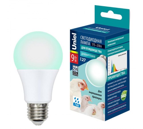 Лампа светодиодная LED-A60-9W/SCBG/E27/FR/DIM IP65 PLO65WH LED диммируемая для бройлеров. Спектр синий и зеленый  UL-00003190  Uniel