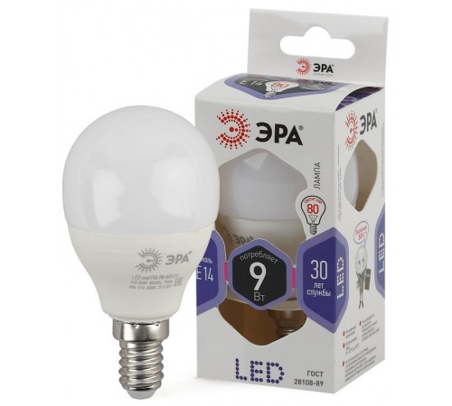 Лампа светодиодная LED 9Вт Е14 6000К smd P45-9W-860-E14  Б0031411  ЭРА
