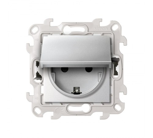 Розетка IP44 с крышкой, заземлением и шторками Schuko 2Р+Е 16A 250В с системой Push and Go цвета алюминий S24 Harmonie  2420448-033  Simon
