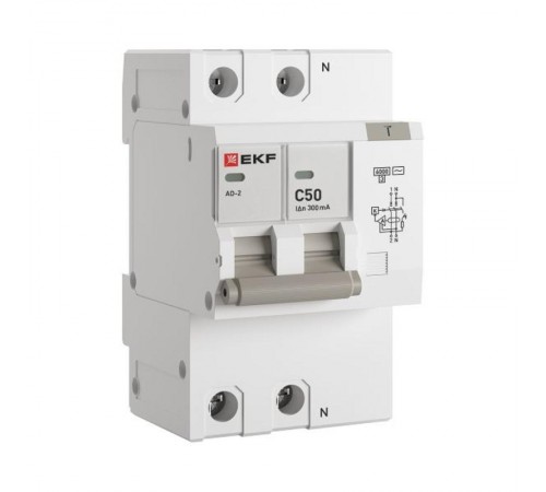 Выключатель автоматический дифференциального тока АД-2 50А/300мА (характеристика C, AC, электронный, защита 270В) 6кА PROxima  DA2-6-50-300-pro  EKF