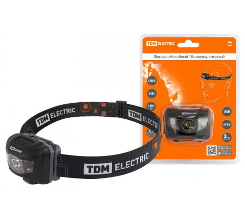 Фонарь "Налобный 10" аккумуляторный, 5 Вт 1 светодиод CREE, Li-Ion 3,7 В 0,6 А*ч, USB, сенсор,  SQ0350-0062  TDM