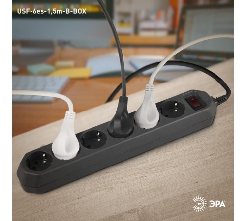 Сетевой фильтр USF-6es-1,5m-B-BOX Сет.фильтр базовая защита, с/з, с выкл, 6гн, 1,5м, ПВС,  Б0037261  ЭРА