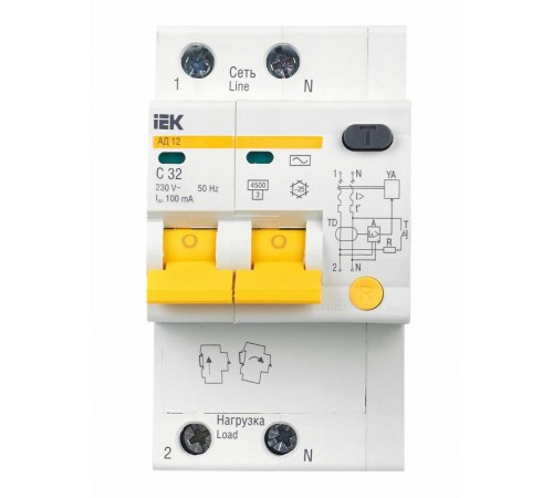 Выключатель автоматический дифференциального тока АД12 2п 32А C 100мА тип AC (3 мод)  MAD10-2-032-C-100  IEK