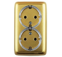 Розетка открытой установки, двухместная, с заземляющим контактом, со шторками,с монтажной пластиной, цвет золото  РА16-186-07  HEGEL