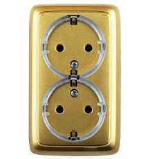 Розетка открытой установки, двухместная, с заземляющим контактом, со шторками, цвет золото  РА16-182-07  HEGEL