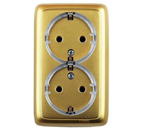 Розетка открытой установки, двухместная, с заземляющим контактом, со шторками,с монтажной пластиной, цвет золото  РА16-186-07  HEGEL