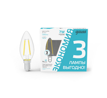Лампа светодиодная Filament Свеча 7W 580lm 4100К Е14 LED (3 лампы в упаковке) 1/20  103901207T  Gauss