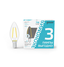 Лампа светодиодная Filament Свеча 7W 580lm 4100К Е14 LED (3 лампы в упаковке) 1/20  103901207T  Gauss