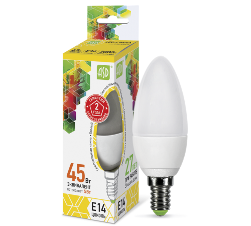 Лампа светодиодная LED-СВЕЧА-standard 5Вт 230В Е14 3000К 450Лм  4690612002200  ASD